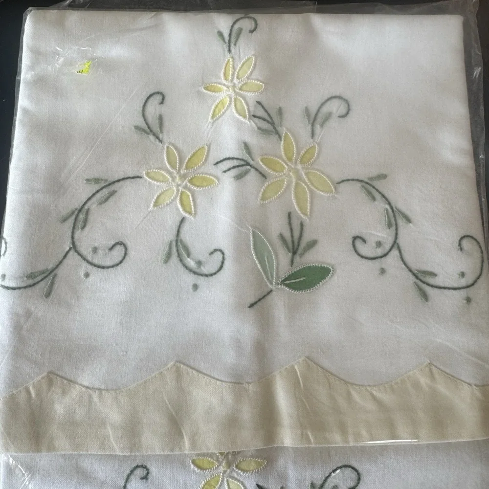 2 Vintage Embroidered Pillowcases Yellow Flowers Cotton Blend 1950s Cottagecore